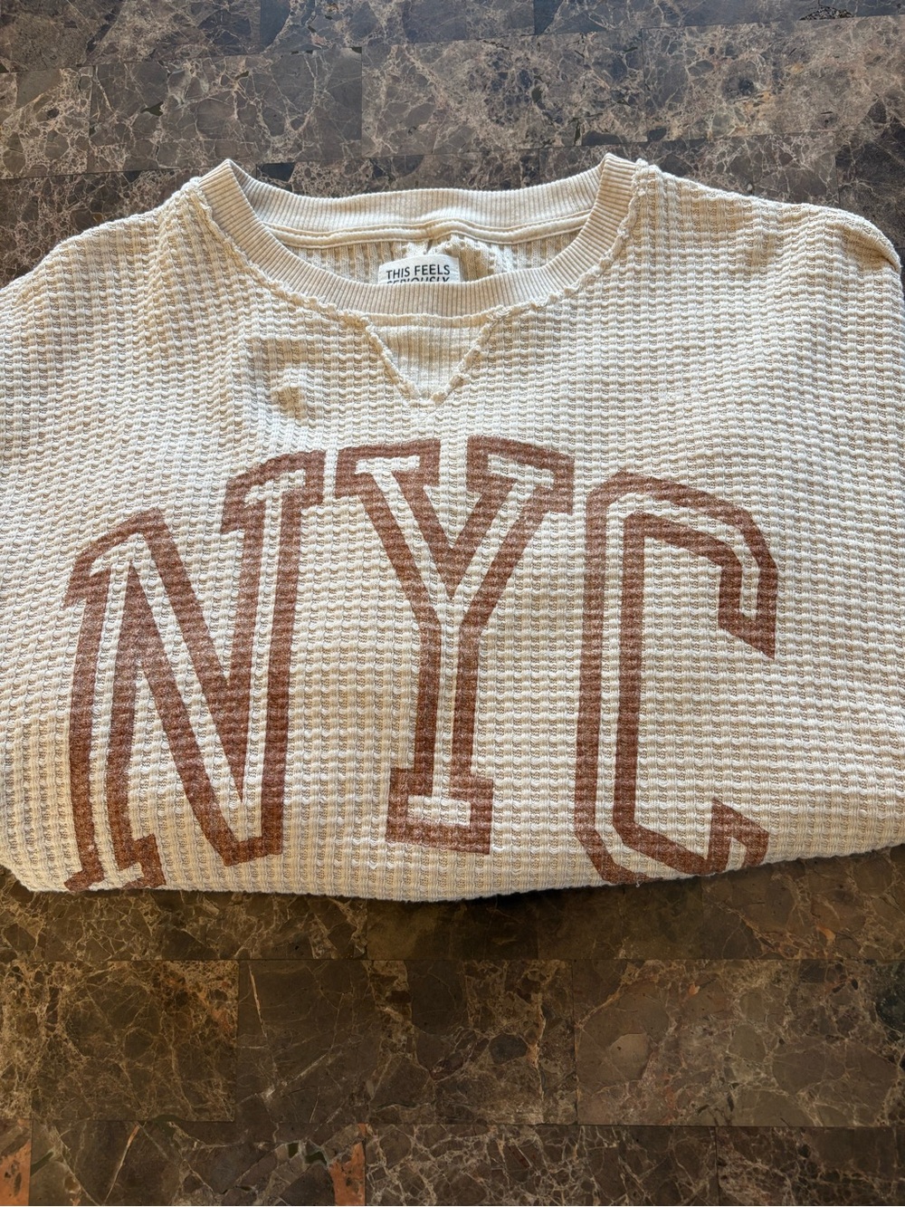 American Eagle Outfitters Cream Waffle-Knit Crewneck with Brown NYC Graphic - Picture 4 of 4